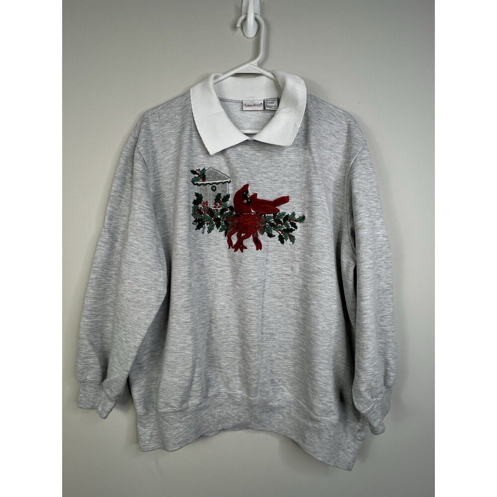 VTG 90s Collared Embroidered Red Cardinal Bird Sweatshirt Large Grandmacore